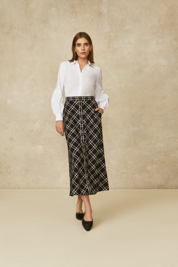 Oversized Plaid Midi Skirt | Black White Sale