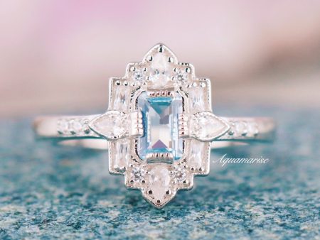 Art Deco Ice Blue Mosaic Aquamarine Ring- 925 Sterling Silver Supply