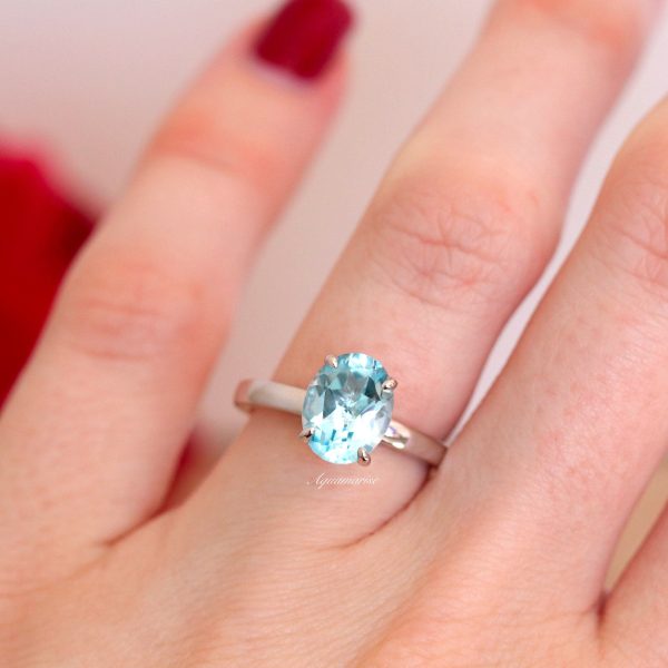 2CT Oval Cut Solitaire Aquamarine Ring- Sterling Silver Online now