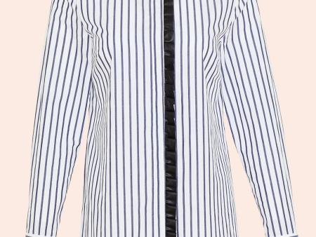 Striped Poplin Leather Detail Top | Navy White For Sale