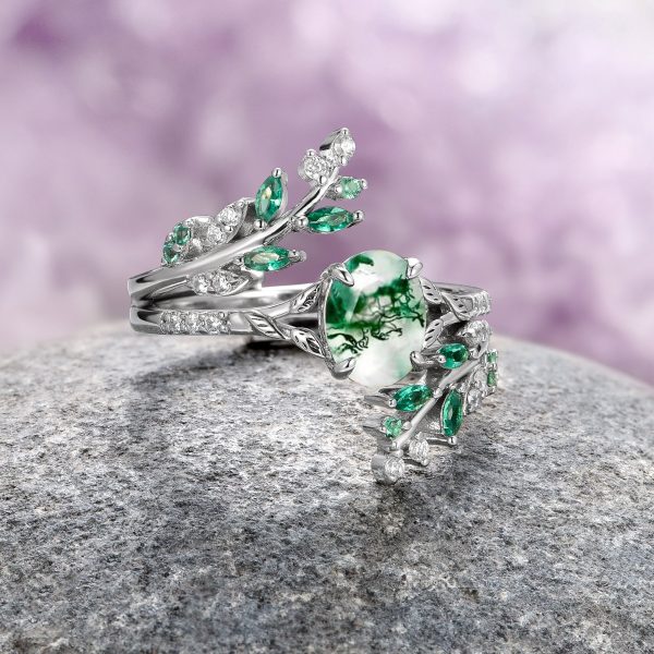 Green Moss Agate & Emerald Fairy Leaf Ring Set- Sterling Silver Online