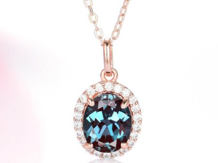 Iris Halo Oval Alexandrite & Diamond Necklace- 14K Solid Rose Gold For Cheap