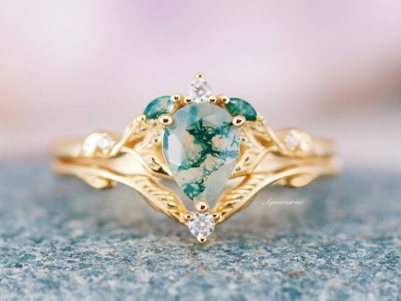 Airee Green Moss Agate  Feather Engagement Ring- 14K Yellow Gold Vermeil Online Hot Sale