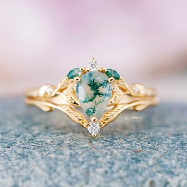 Airee Green Moss Agate  Feather Engagement Ring- 14K Yellow Gold Vermeil Online Hot Sale