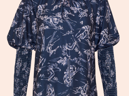 Ski Printed Crepe Smock Detail Top | Navy Multi Hot on Sale