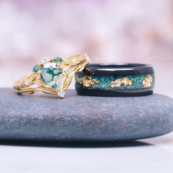 Airee Green Moss Agate  Feather Engagement Ring- 14K Yellow Gold Vermeil Online Hot Sale