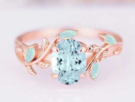 Aquamarine & Australian Opal Leaf Engagement Ring- 14K Rose Gold Vermeil For Cheap