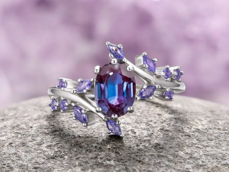 Alexandrite & Cornflower Sapphire Fairy Leaf Ring- Sterling Silver Online now