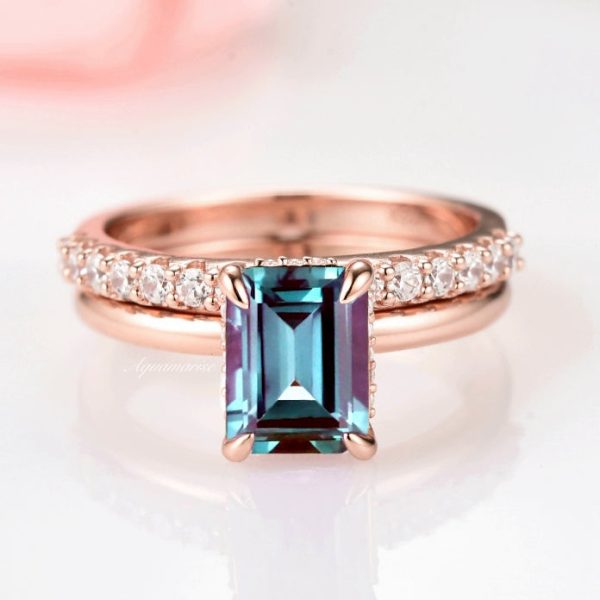 Alexandrite Engagement Ring Set- 14K Rose Gold Vermeil Online Sale