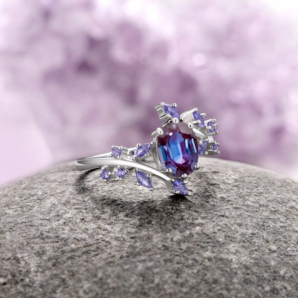 Alexandrite & Cornflower Sapphire Fairy Leaf Ring- Sterling Silver Online now