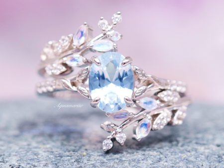 Aquamarine & Moonstone Fairy Leaf Ring Set-  Sterling Silver For Sale