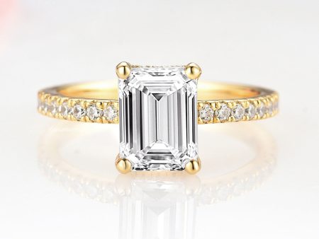 1.5CT Emerald Cut Moissanite Engagement Ring- 14K Solid Yellow Gold on Sale