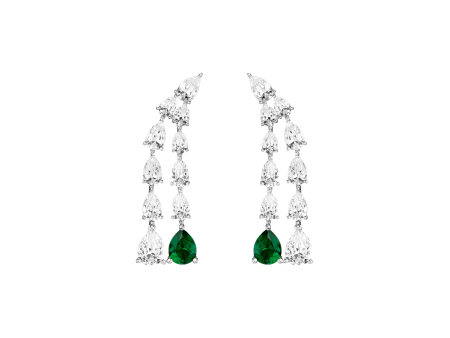 Lab Grown White Sapphire Waterfall Earrings with Emerald Hot on Sale