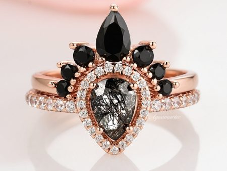 Amy Rutilated Quartz & Black Diamond (Onyx) Ring Set- 14K Rose Gold Vermeil Sale