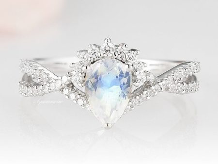 Alice Rainbow Natural Moonstone Engagement Ring- 14K White Gold Fashion